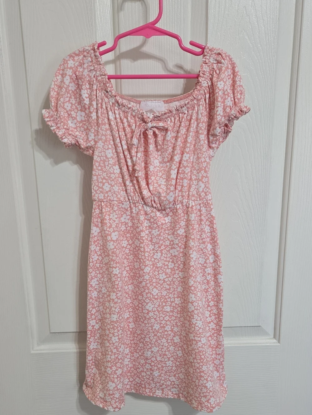 Girls' Floral Puff-Sleeve Casual Dress in Soft Pink